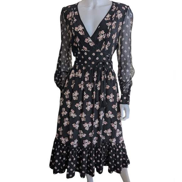Kate Spade Silk Black Floral Dress with Sheer Floral Sleeves - Picture 10 of 12